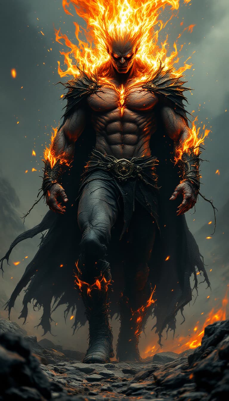 AI generated: Envision a fully body portrait of an hell boy  comic  hero rising from the ashes, standing on rocky ...