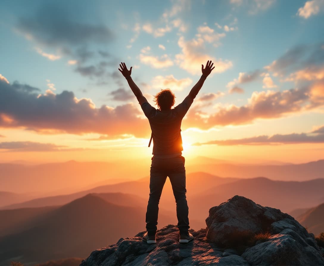 AI generated: Imagine a scene where a person stands at the top of a towering mountain peak. The sun is just beginn...