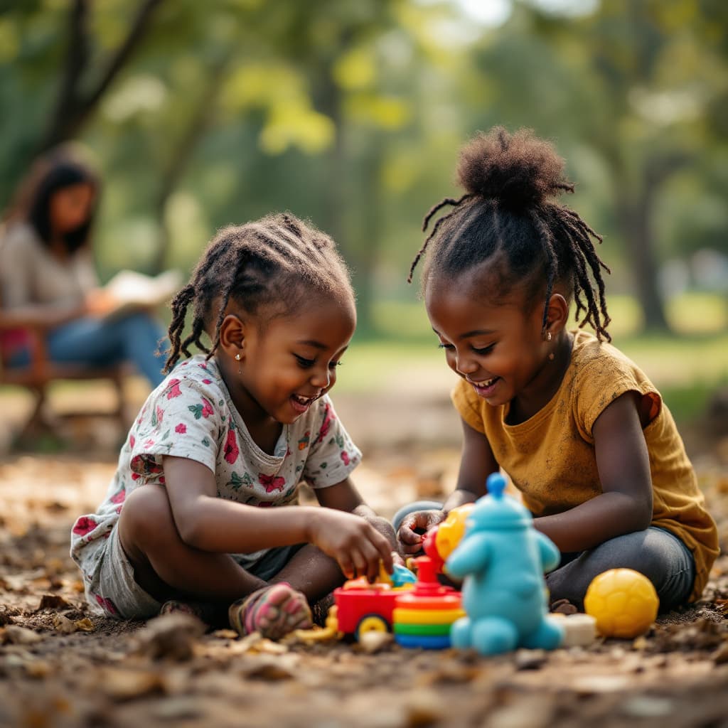 AI generated: A candid shot of two 5 year old girls african same age best friends dirty, at the park playing with ...
