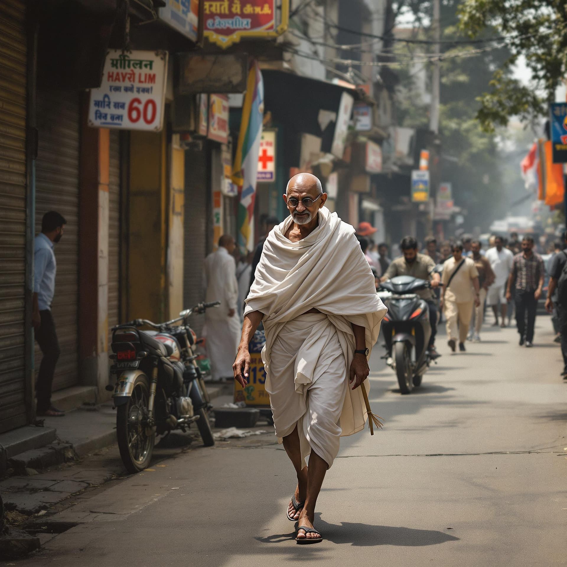 AI generated: realistic image of mahatma Gandhi walking through Indian streets