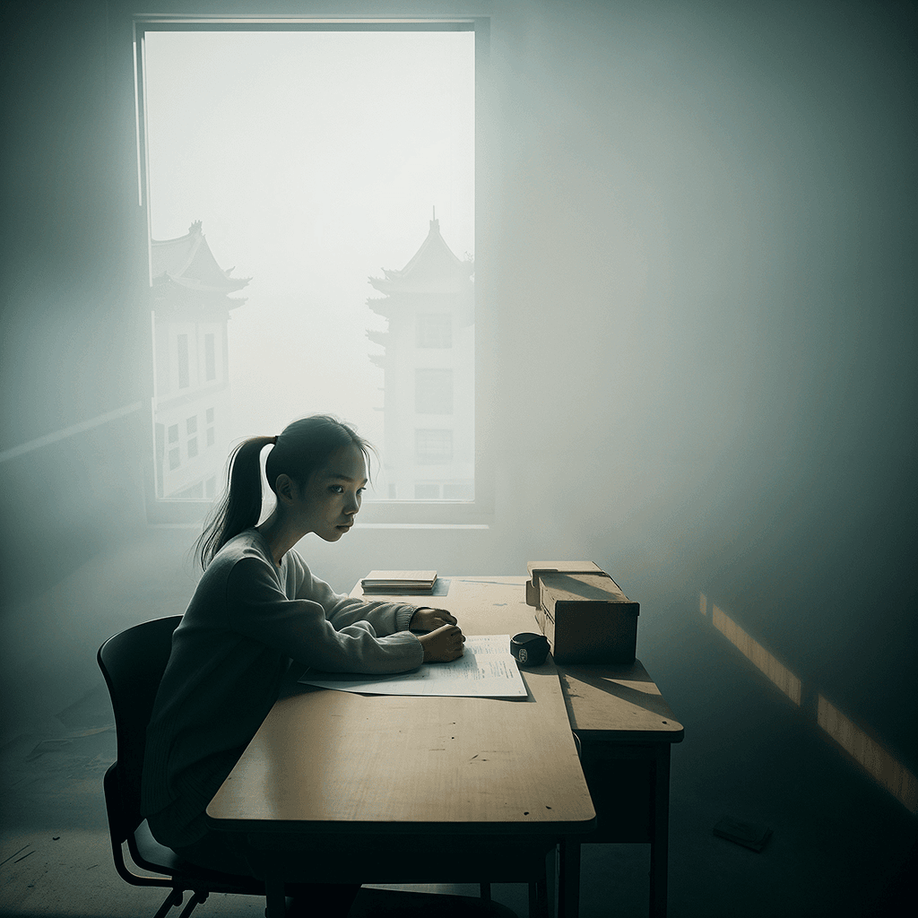 AI generated: top down angle photo,indoor of abandoned classroom in china, a girl sasha luss reclining on classroo...