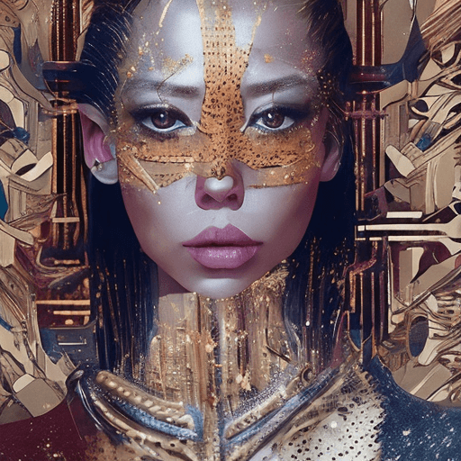 AI generated: the woman is wearing a shiny/glossy golden kimono in the sunlight, in the style of cyberpunk realism...