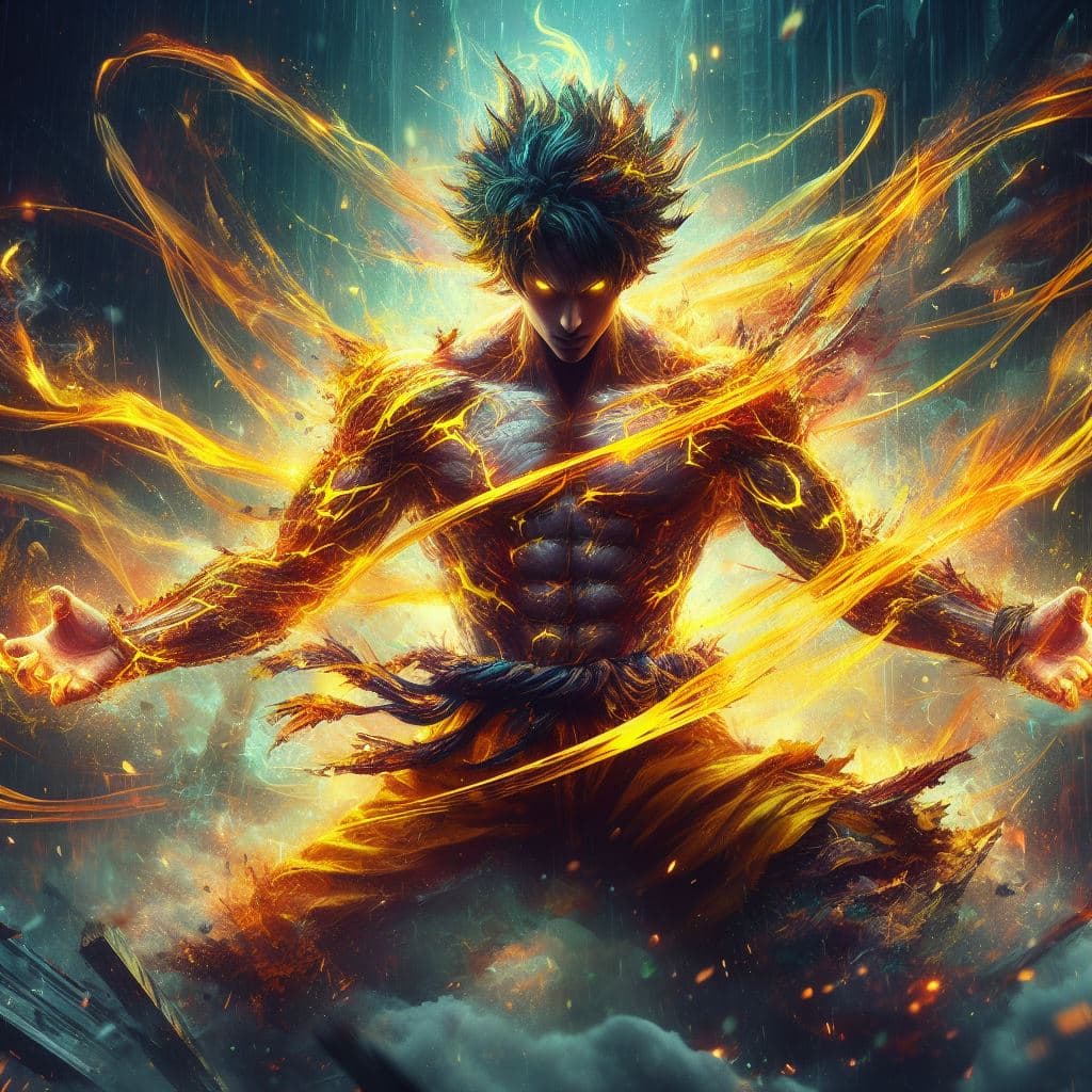 AI generated: painterly style, badass male character looking like the fusion between Luffy and a Saiyan at war, ch...