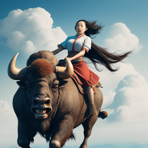 AI generated: Photo of a ultra realistic ,chinesse woman riding a giant buffalo on the cloud. Ultra. Cinematic. 12...