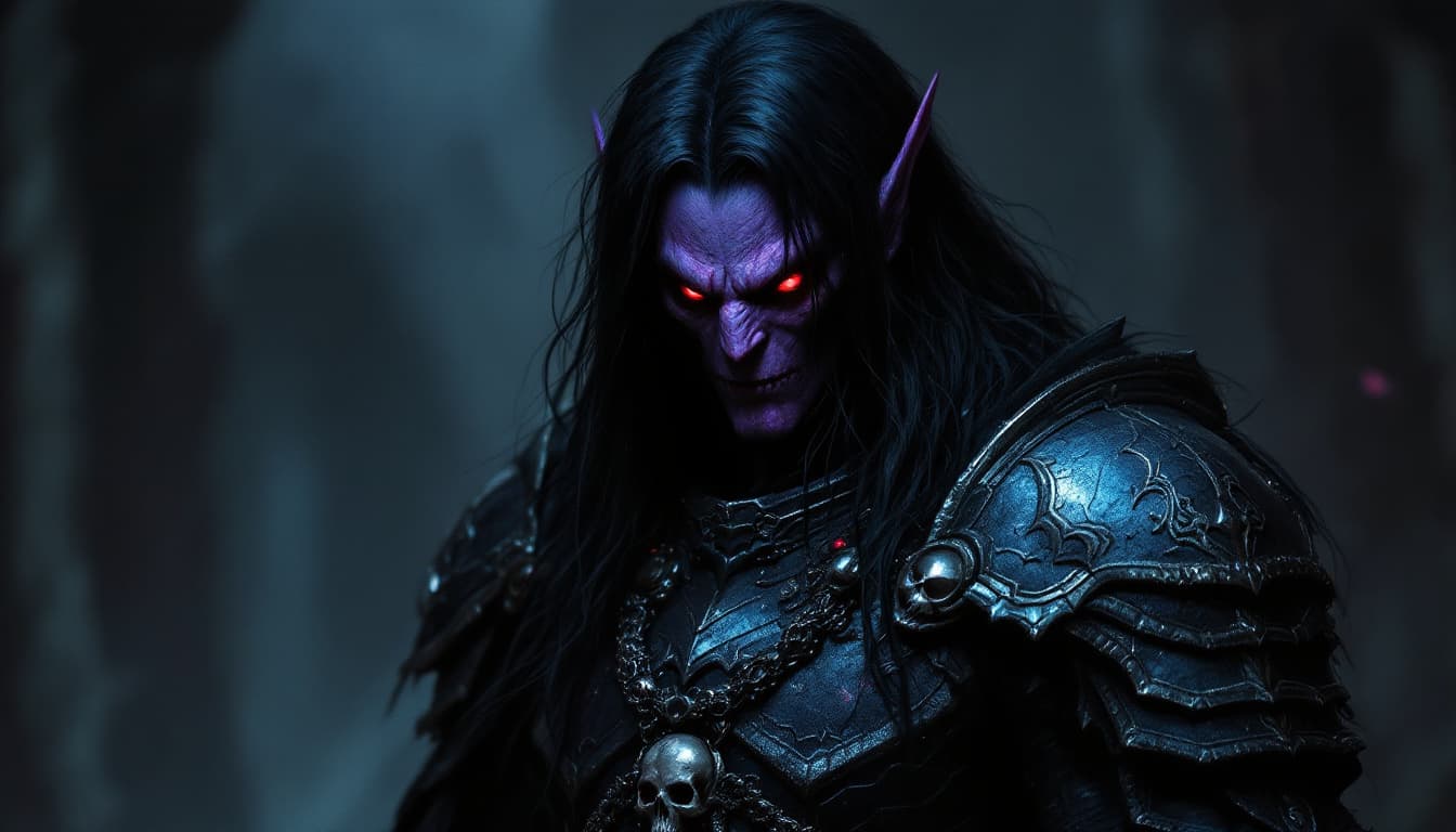 AI generated: purplish-skinned demon,piercing red eyes, long black hair black as a raven, clad in menacing black a...