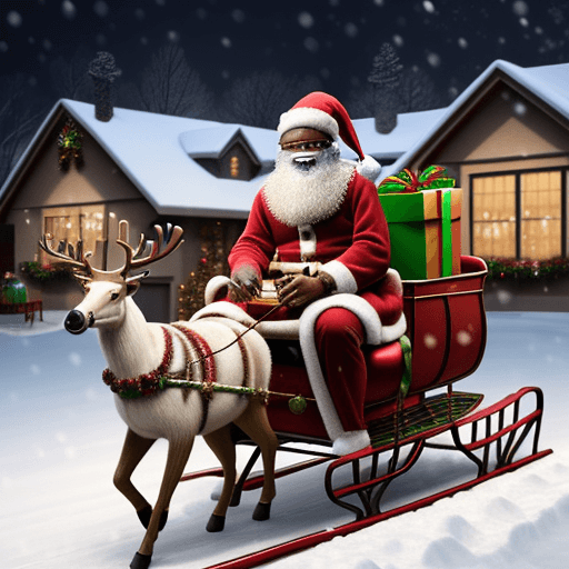 AI generated: Hyper realistic african american santa sitting on his sleigh filled with presents. There are nine re...
