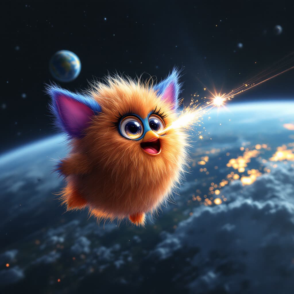 AI generated: Furby orbiting earth, shooting a solar flare out of her mouth.