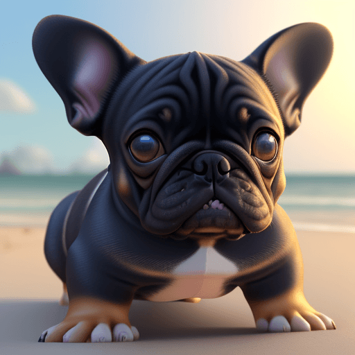 AI generated: Uma renderização 3D da Pixar de um french bulldog numa praia,  estilo animação.  As expressões facia...