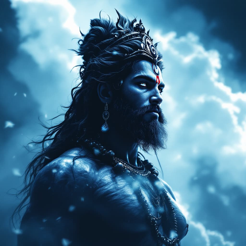 AI generated: movie poster, hindu male god hanuman ji  in black, white and blue, in the style of yoh nagao, light-...