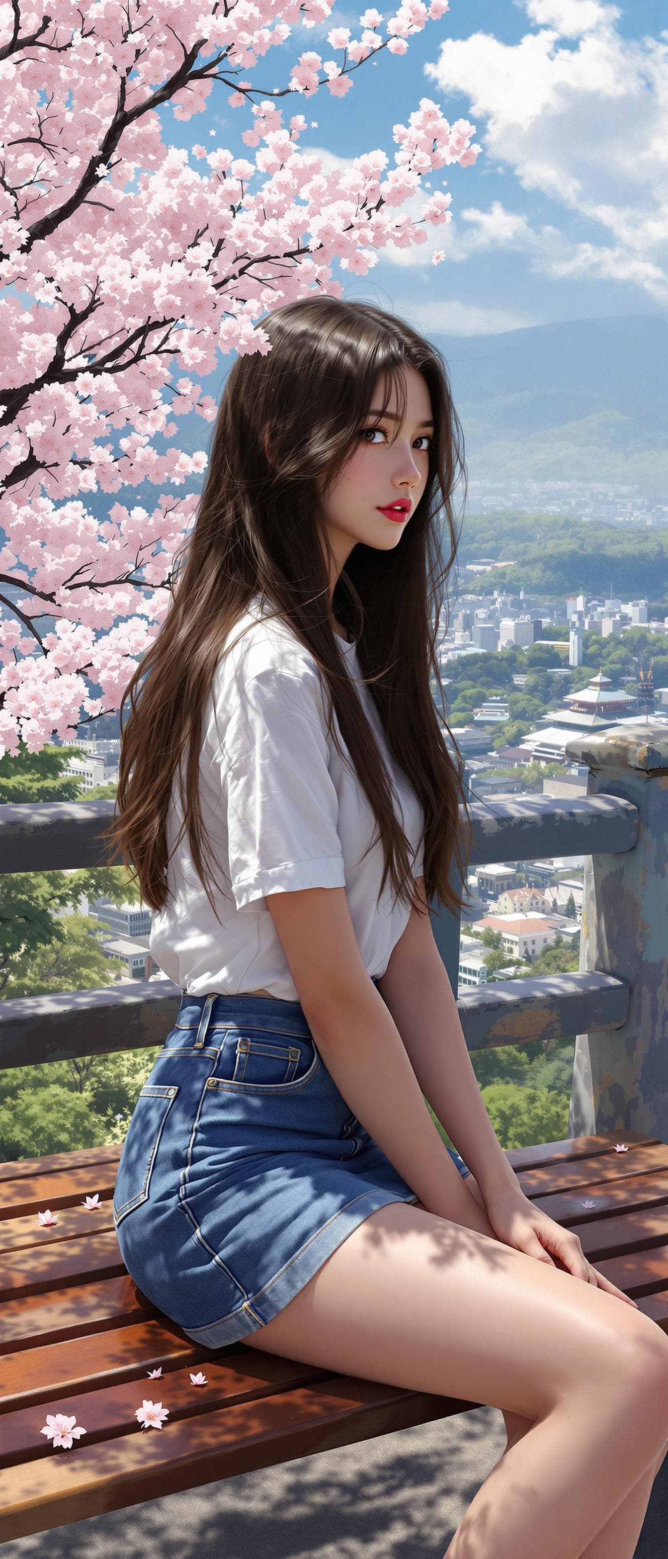 AI generated: Photorealism Painting of a girl, long hair, wearing a casual clothes, short sleeves white shirt, den...