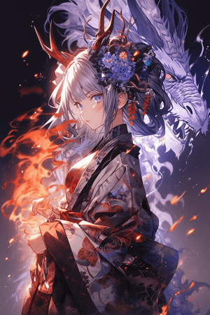 AI generated: A female character in purple traditional Japanese kimono, silver hair accessories, confident stance,...