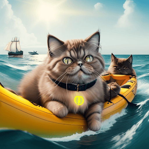 AI generated: A fat, light brown Persian cat wearing a collar and sailing alone through the water of a large ocean...