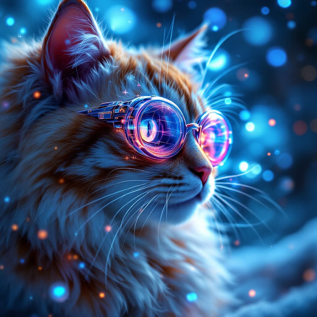 AI generated: cat + glasses, cynematic light, futuristic, epic fantasy, 8k --ar 2:3