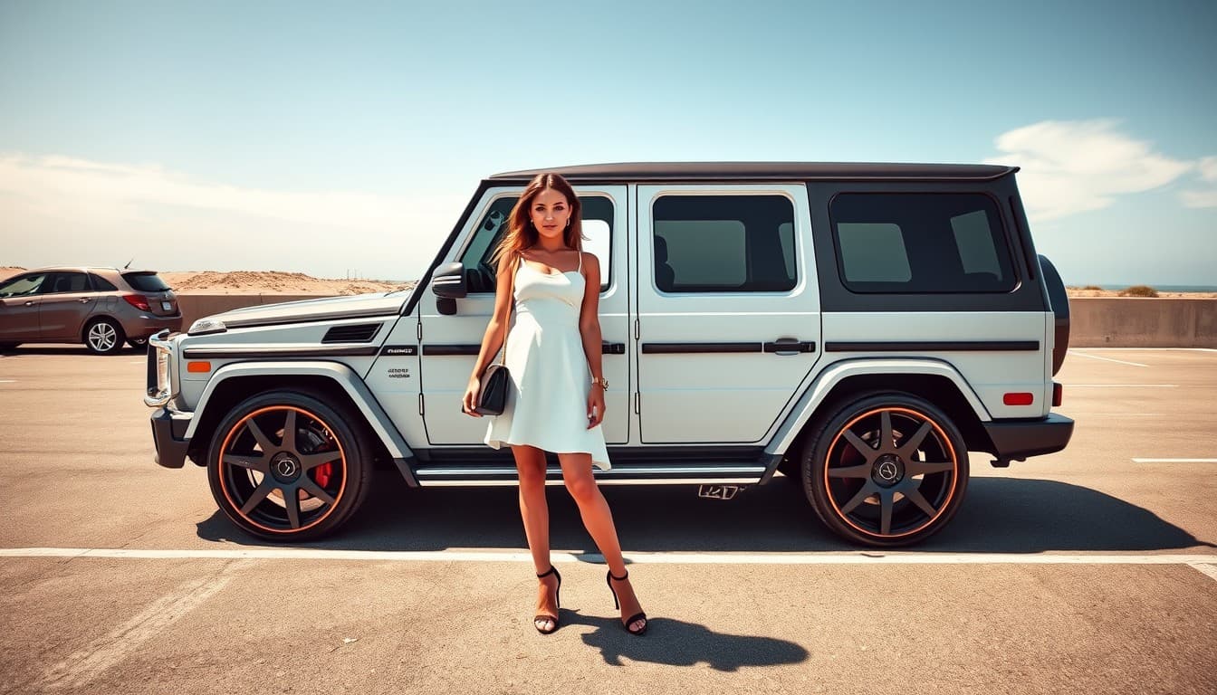 AI generated: young american caucasian woman dressed in a louis vuitton white dress and stilettos, holding a black...