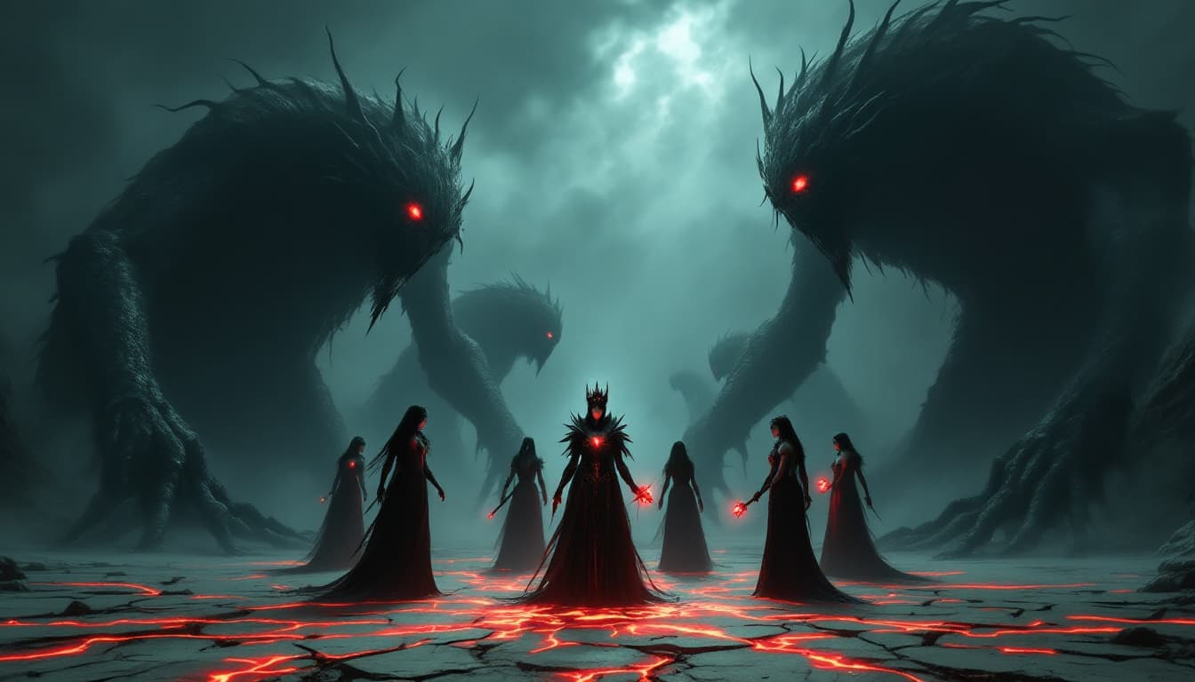AI generated: Giant shadowy monsters with glowing red eyes and grotesque forms emerging from the ground. The Gothi...