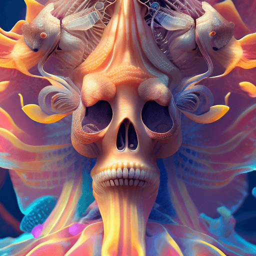 AI generated: Goddess close-up portrait ribcagel. jellyfish phoenix head, nautilus, orchid, skull, betta fish, bio...
