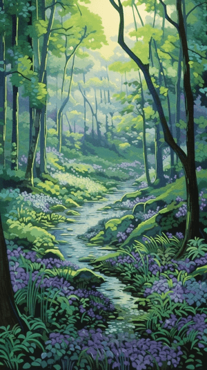 AI generated: Impressionist painting of serene landscapes with sweeping and dappled shadows around each tranquil s...