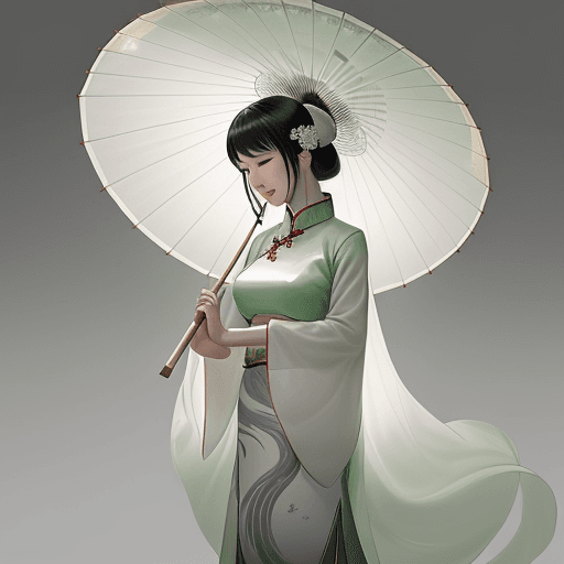 AI generated: painting of a woman dressed in traditional Chinese dress with a bamboo umbrella, in the style of rom...