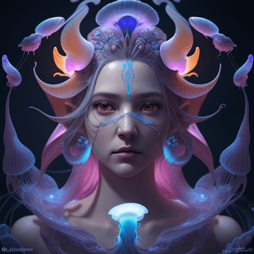 AI generated: Goddess close-up portrait ribcagel. jellyfish phoenix head, nautilus, orchid, skull, betta fish, bio...