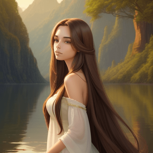 AI generated: gorgeous woman, extremely long brown hair, serene beautiful background