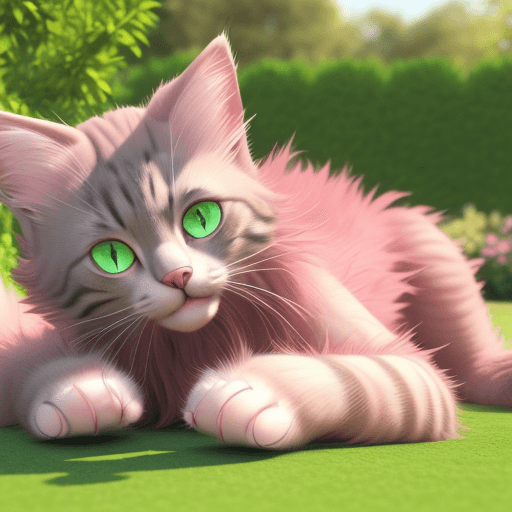 AI generated: 3D cat pink green eyes, with long fur, long claws, lying down in a garden, sunny day 