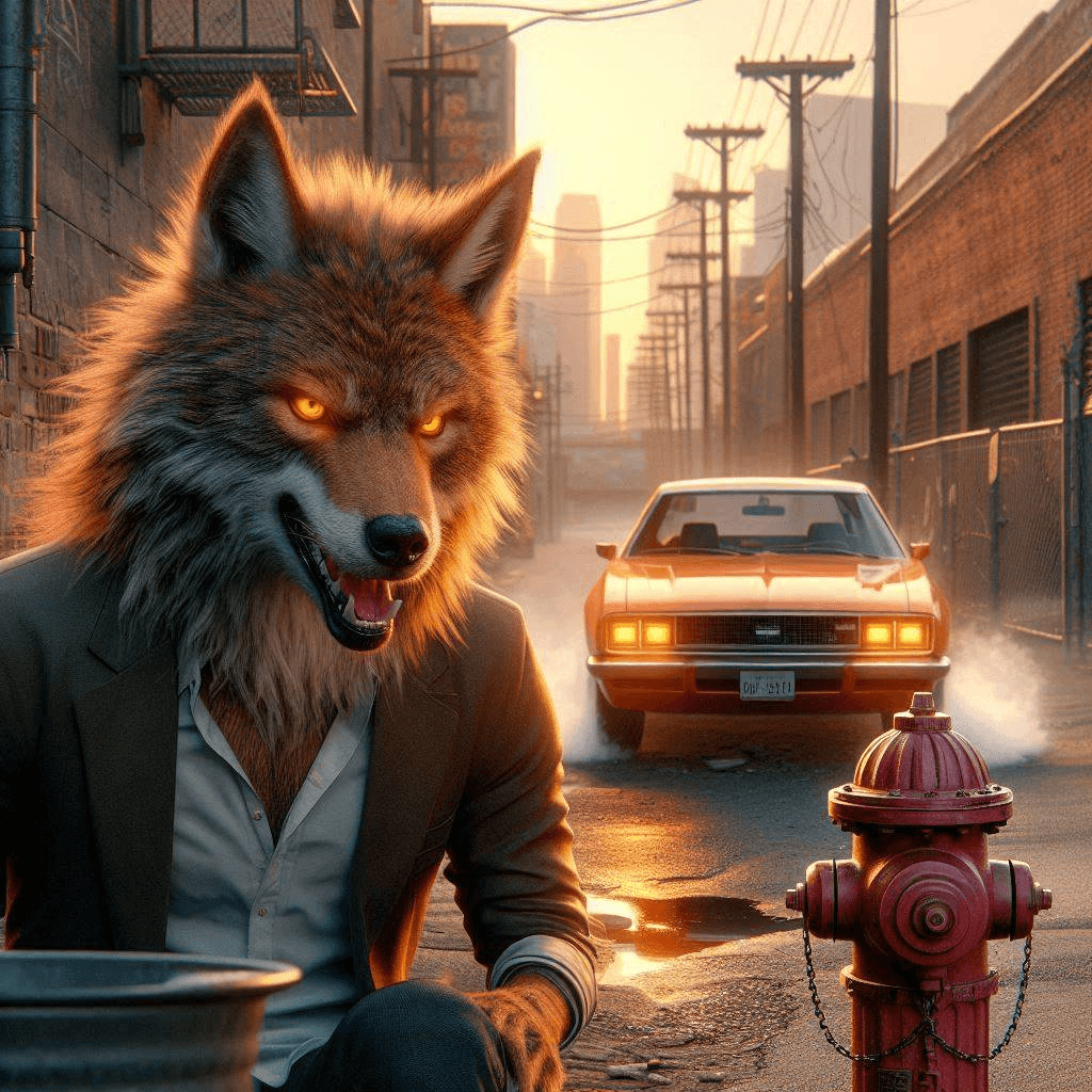 AI generated: Dramatic professional cinematic 3D animation of a coyote man with intense amber eyes and long fur dr...