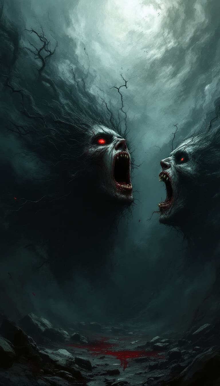 AI generated: 3D, fear, brutal, evil composition showing the terror of war, cries and gore, gloomy background, dar...
