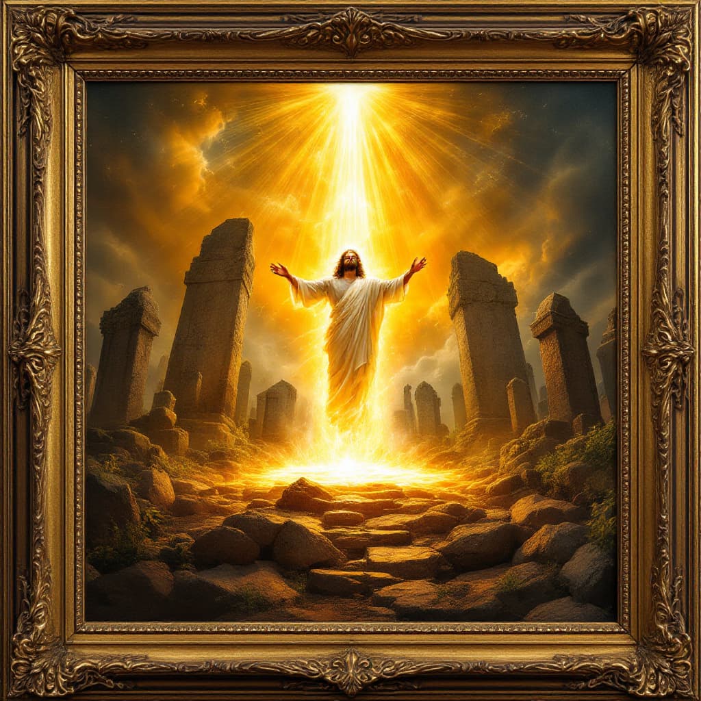 AI generated: In a combined various artists' styles of an African American Jesus' resurrection, framed in a decora...