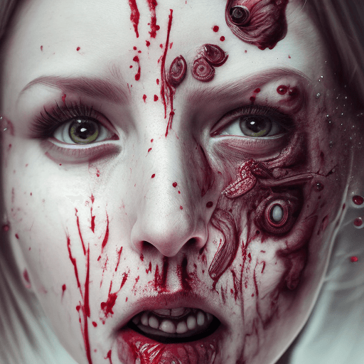 AI generated: Portrait of Woman, spitting Blood, Blood, covered, Blood sprayed, intricate details, Close Up, First...