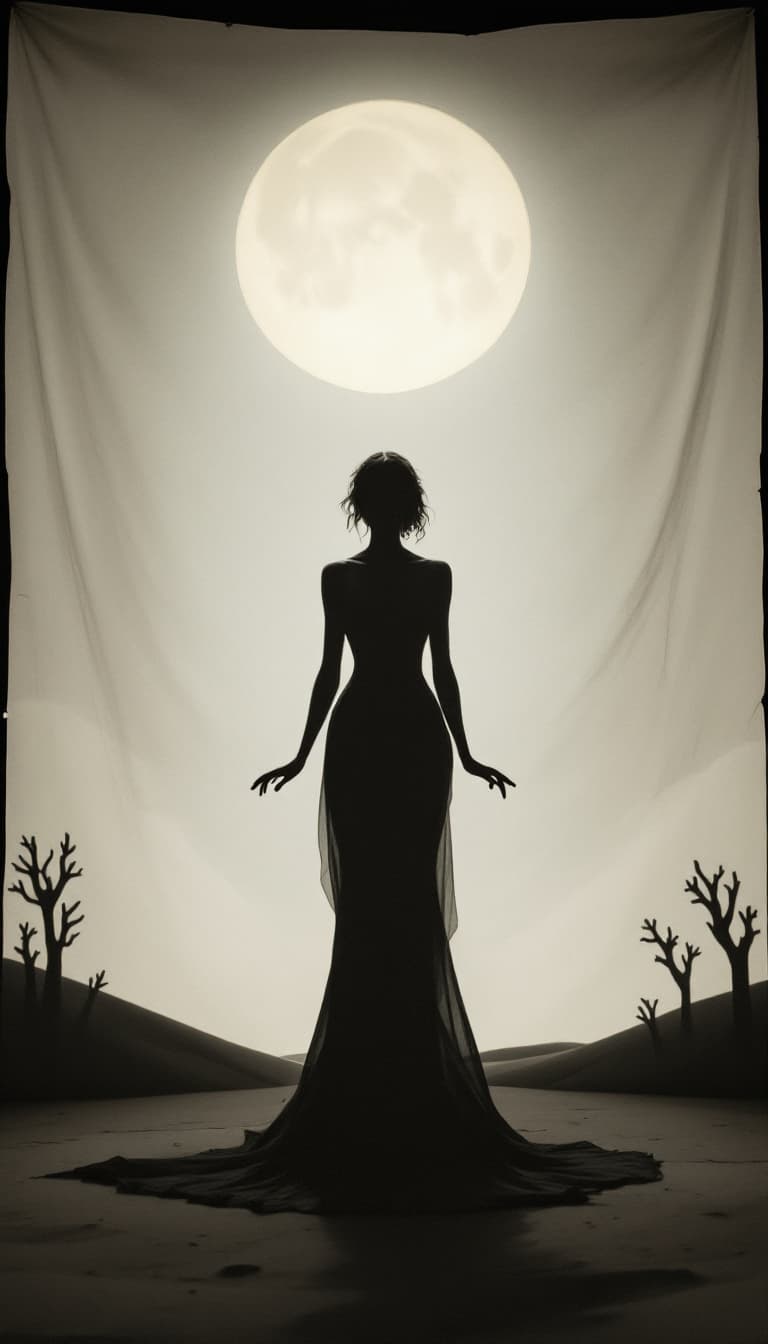 AI generated: 5. An enigmatic, full-body shadow puppet depiction of a woman, projected onto a giant, moonlit scree...