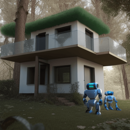 AI generated: Una pareja de robots viviendo en en una casita en el bosque
