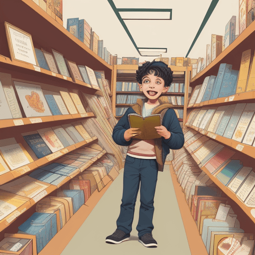 AI generated: Illustration of a boy happy in a store buying a book 

