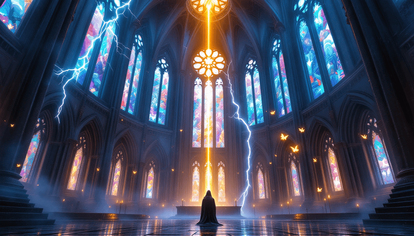 AI generated: A breathtaking fantasy cathedral stands beneath a stormy twilight sky, its towering stained-glass wi...