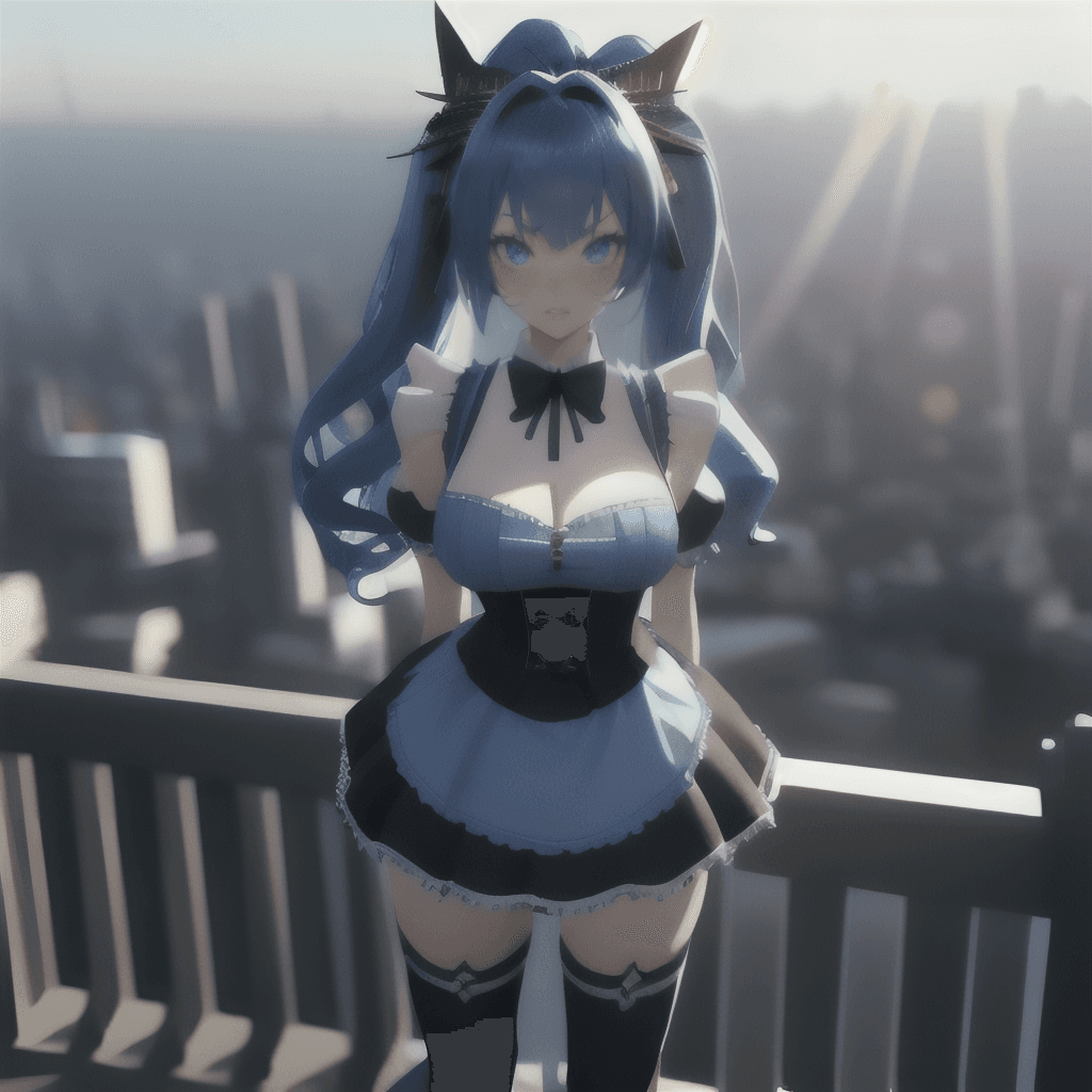 AI generated: 1girl, large breasts, wide hips, sfw, black skirt, lightblue eyes, blue hair, long hair, wavy hair, ...