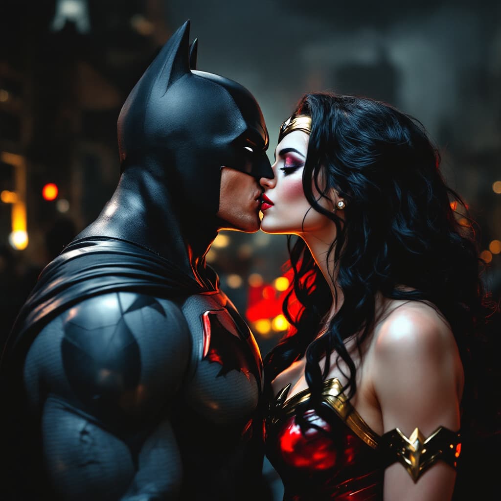AI generated: batman kiss wonder woman and Harley Quinn kiss SUPERMAN