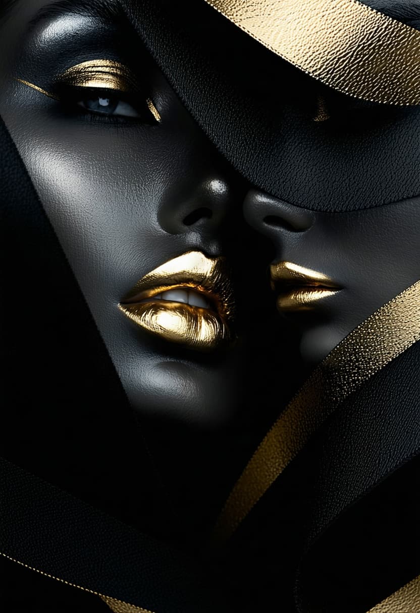 AI generated: a stylized close-up portrait of a face with deep matte black skin and vibrant metallic gold lips, pa...
