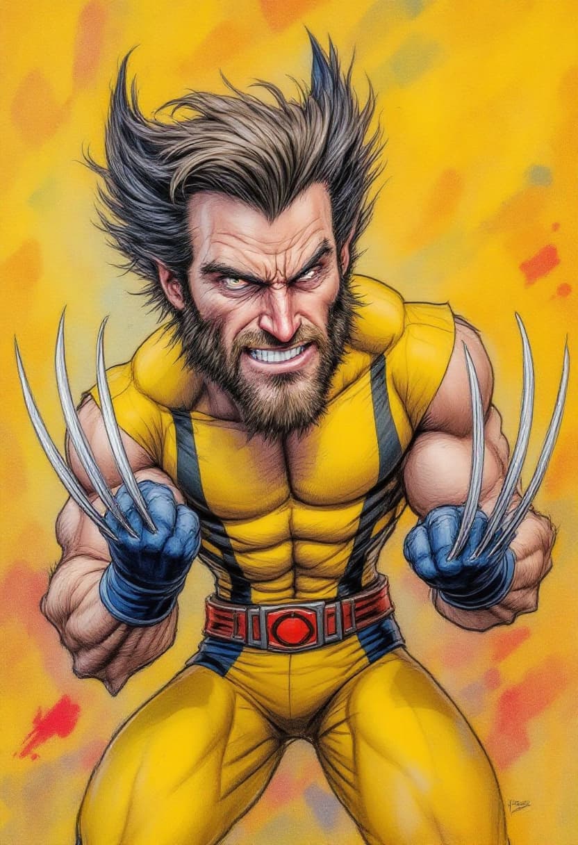 AI generated: Pencil caricature drawing of Wolverine in yellow suit, showing off his claws, his ultimate weapon. C...