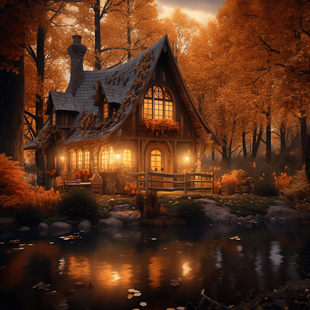 AI generated: Quaint rustic witch's cabin by the lake, autumn forest background, orange and honey colors, beautifu...