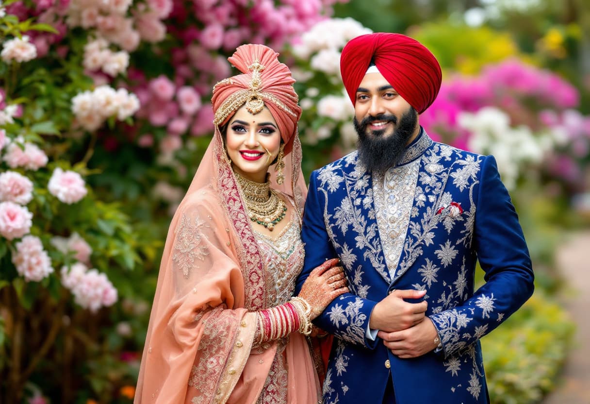 AI generated: a sikh couple wearing punjabi suite and coatpent in a beautiful garden