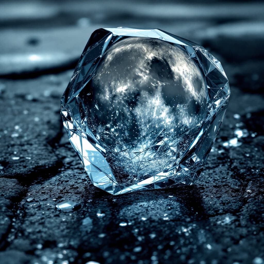 AI generated: highly reflective glass showing the full moon in it's brilliance and detail, the glass is shattered ...