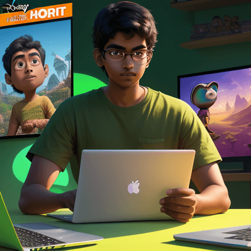 AI generated: Pixar & Disney's "Photoshop" (2024)! A young Indian coder (22, brown skin, green shirt) creates a fa...