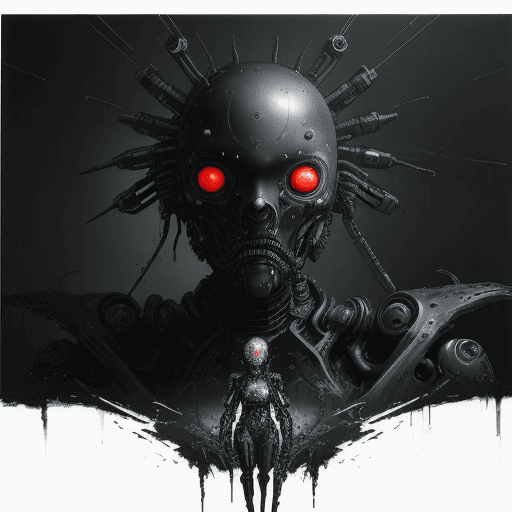 AI generated: artistic, oil painting, front view, heavy brushed, sci-fi, bizarre mechanical human, gaze, Tsutomu N...