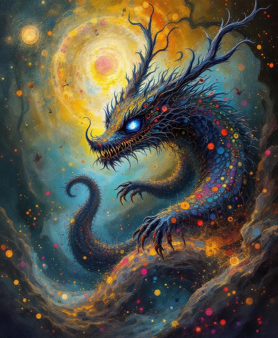 AI generated: classic oil painting style, eerie atmosphere. Full-length 3D HDR black light poster illustration, vi...