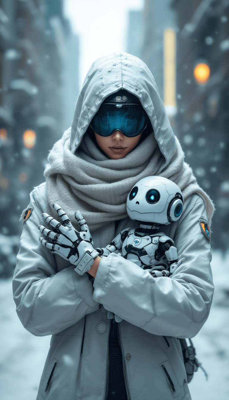 AI generated: female robot hooded, scarf, jacket, holding cute robot in arms,  background snowy city, style biomec...