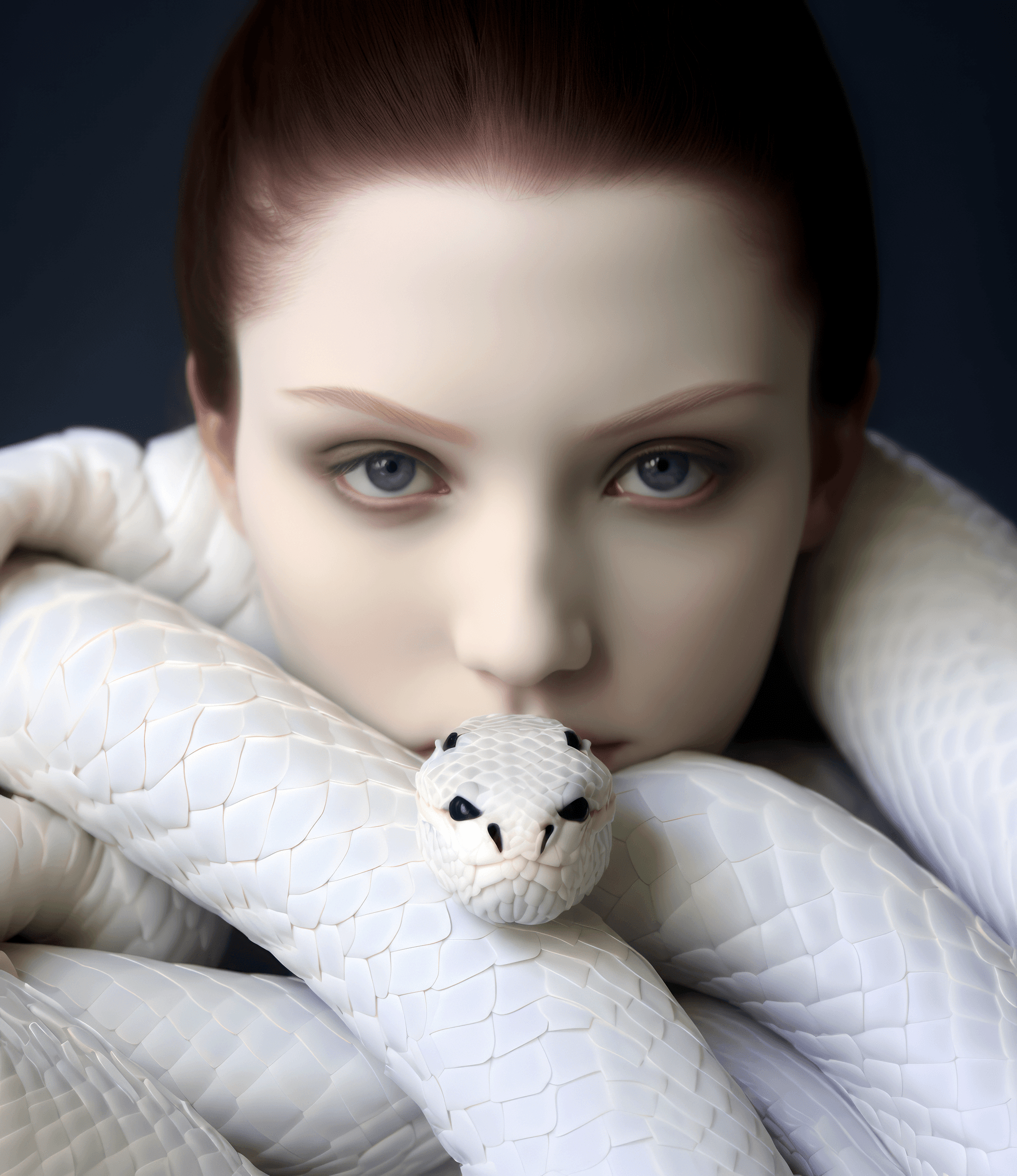 AI generated: a woman is wearing a white snake on her face, in the style of meticulous photorealistic still lifes,...