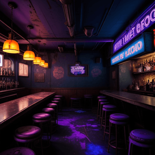 AI generated: "An expansive, dimly lit bar with a long counter lined with worn, vintage bar stools. The bar is spa...