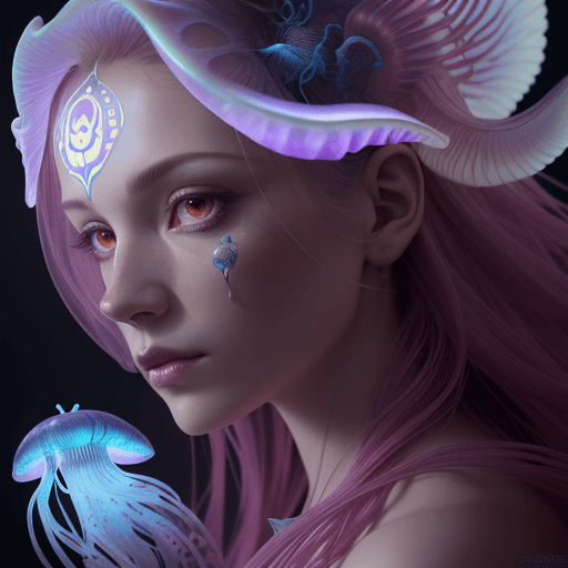 AI generated: Goddess close-up portrait ribcagel. jellyfish phoenix head, nautilus, orchid, skull, betta fish, bio...