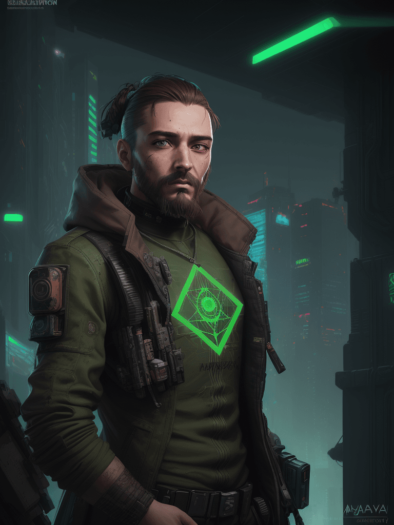 AI generated: an argentian 34 year old man with a short beard, green and brown eyes,  cyberpunk art, inspired by M...