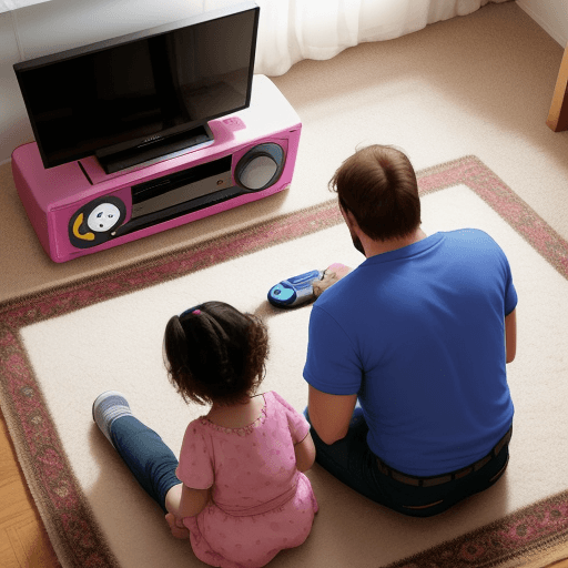 AI generated: A dad and his two-year-old daughter sitting on the carpet, in front of them a television and a Super...