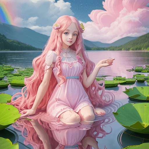 AI generated: Girl, long pink hair, wavy curls, (pink lotus in her hair:1,3), blue-pink eyes, heart-shaped pupils,...